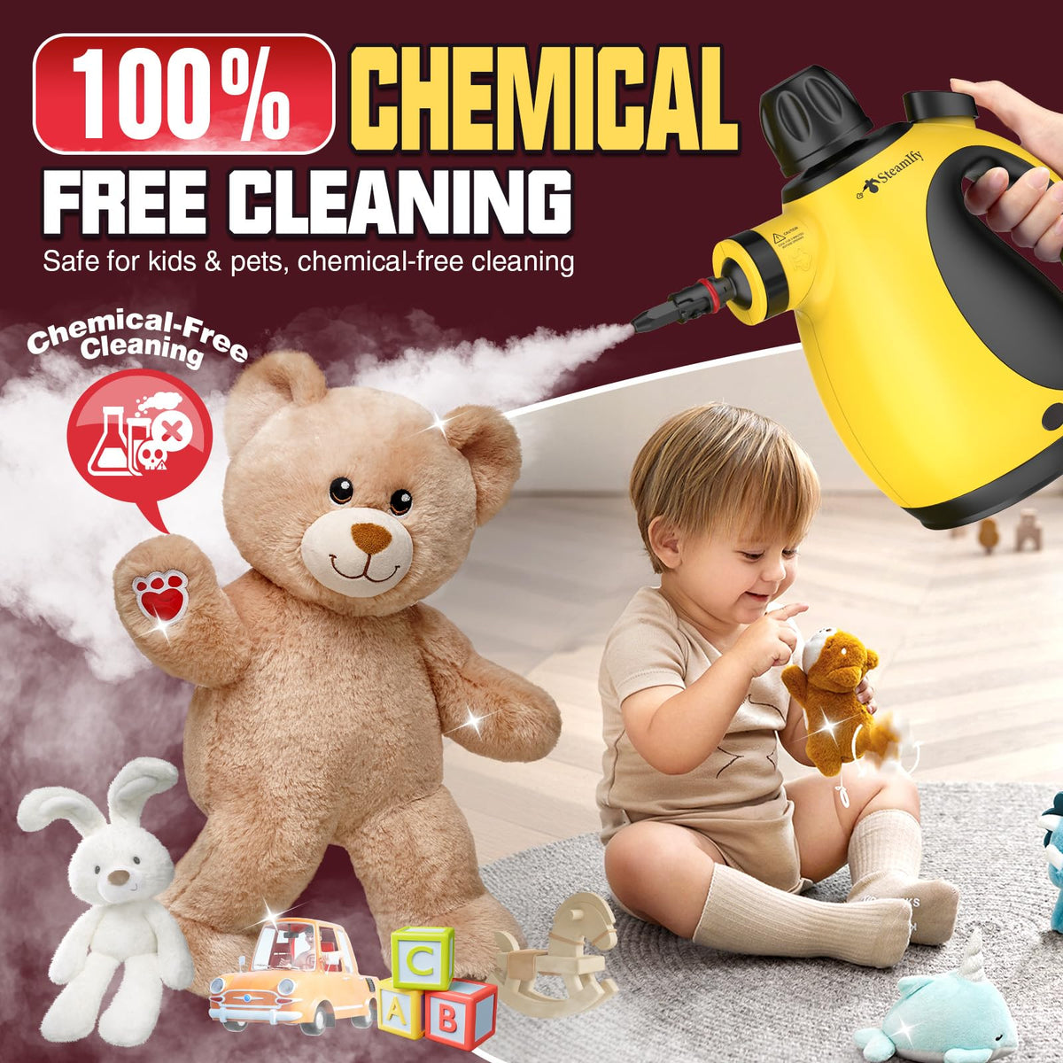 STEAMIFY Pressurized Handheld Steam Cleaner for Home, Multi-Surface Steamer with 12 Accessories, 12.8oz Natural Steamer for Cleaning Car, Bathroom, Shower, Upholstery, Grout, Window, Grease