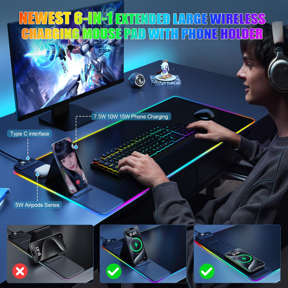 Mouse Pad with Phone Holder, Wireless Charging Desk Mat, RGB Gaming Mousepad Home Office Large Desk Pad with Ultra-Smooth Surface, Non-Slip Base, Waterproof Keyboard Pad,Black with 20W USB C Charger