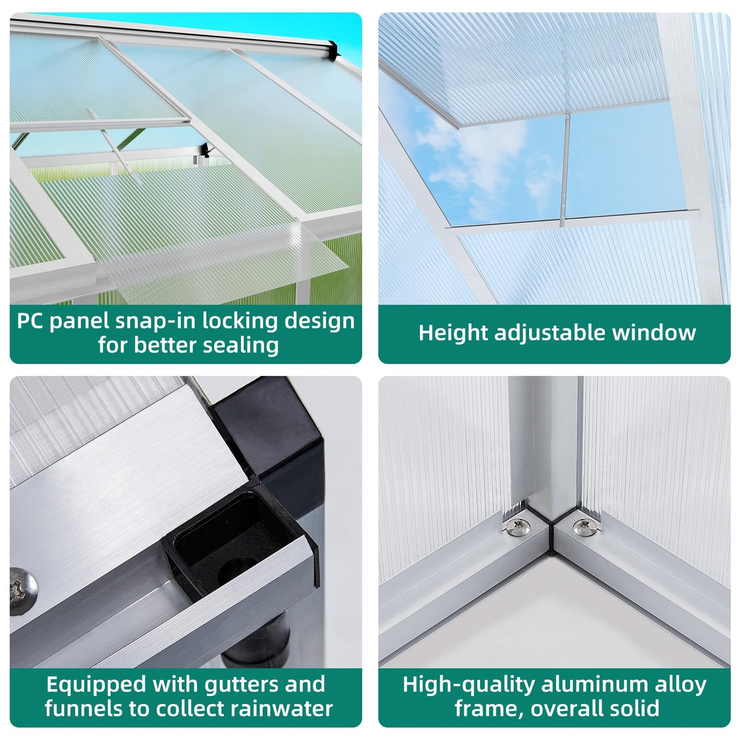 8x12 FT Greenhouse - Large Aluminum Greenhouses for Outdoors, Heavy Duty Polycarbonate Greenhouse with Roof Vent&Ground Nails, Walk-in Green Houses for Garden, Backyard, Patio, Easy Assembly