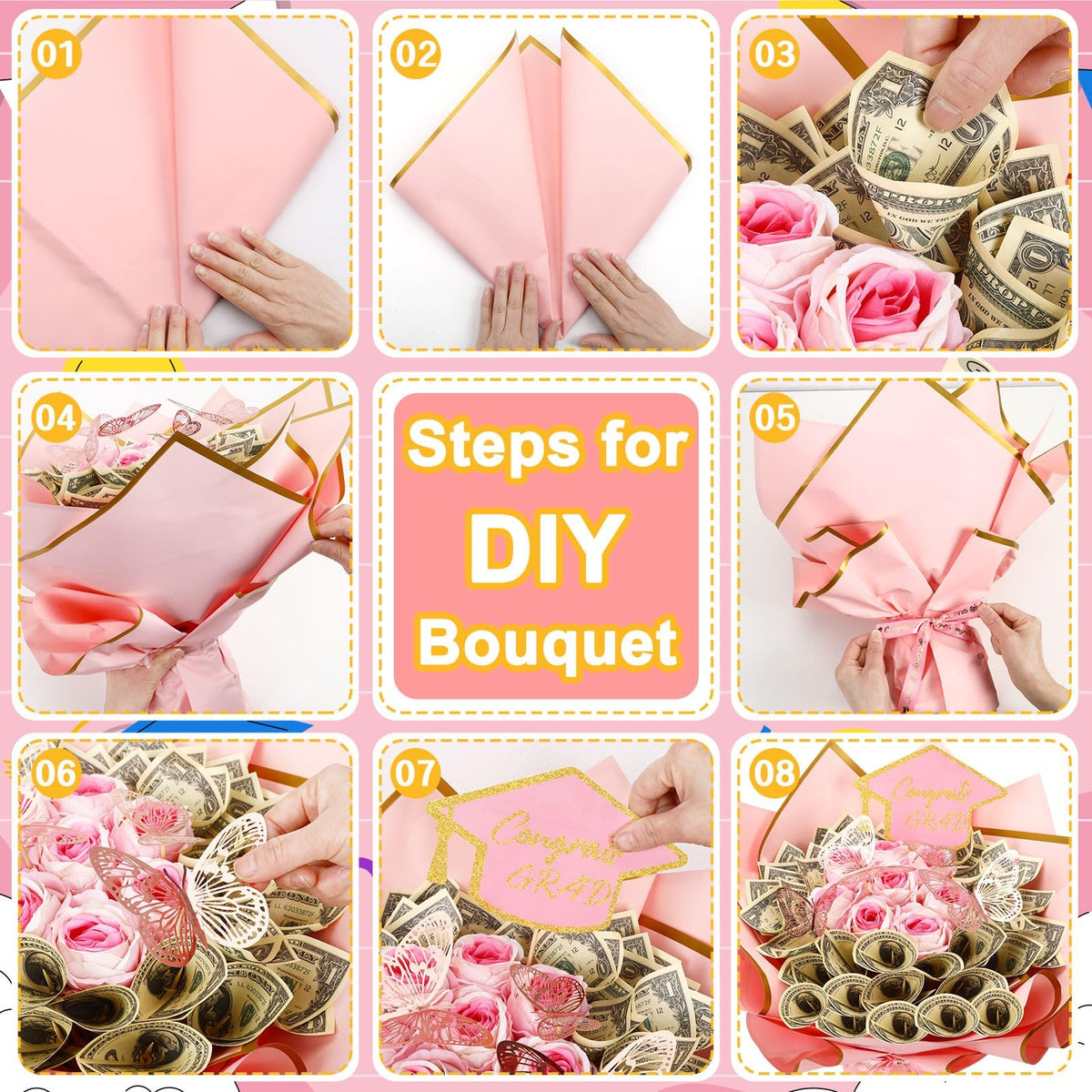 AUGSUN Graduation Money Bouquet Kit, 147 Pcs DIY Bouquet Making Supplies with Folded Bills Wrapping Paper 3D Butterflies for Graduation Gift Class of 2026 Gifts