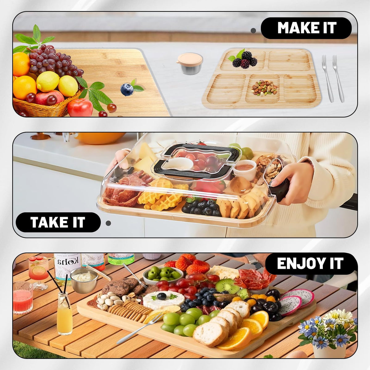 15×11" Charcuterie Boards with Lid, Bamboo Cheese Board Cutting Boards with Locking Clear Cover, Portable Serving Tray - 5 Compartments for Kitchen, Picnic, Party, Housewarming, Wedding Gift