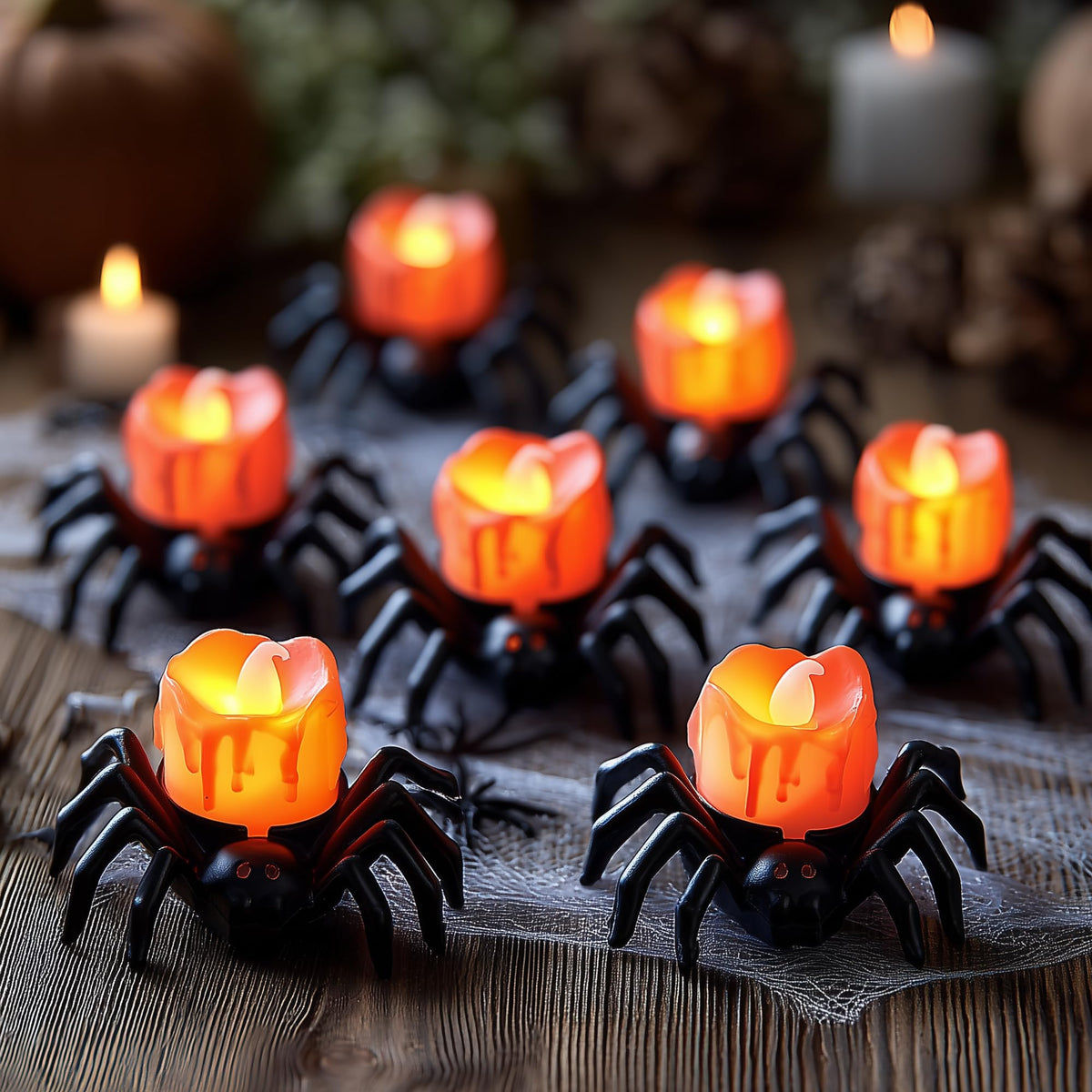 Dazzle Bright 12 Pack Halloween Spider Tea Lights Candles, Battery Operated LED Flameless Spider Candles Holder Lights, Spooky Halloween Decorations for Party Table Home Decor