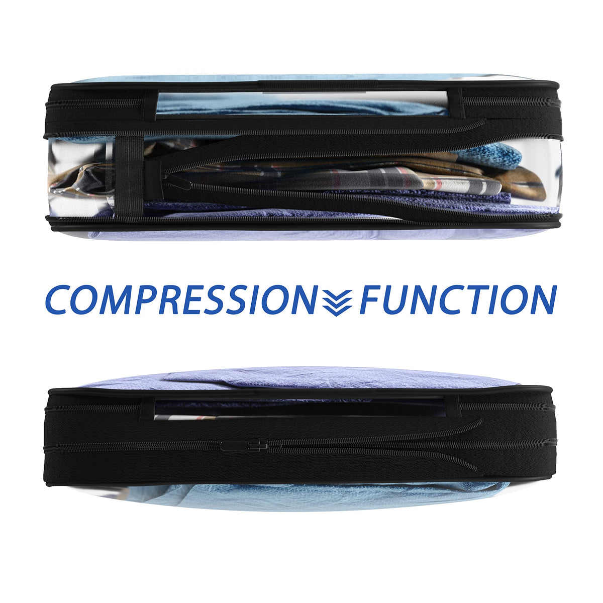 Clear Compression Packing Cubes 3 Set - Large See-Through Plastic Suitcase Bags for Travel - Luggage Compressable Organizers - Transparent PVC Collapsible Cosmetic Bag for Backpack Black