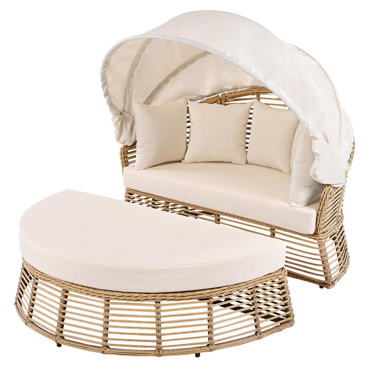 Merax Outdoor Chaise Lounge Daybed for Outside Patio Furniture Wicker with Retractable Canopy Recliner Yellow Rattan Sunbathing Lounger Sofa Sunbed Pool Reclining Sunbed, Khaki Cushion