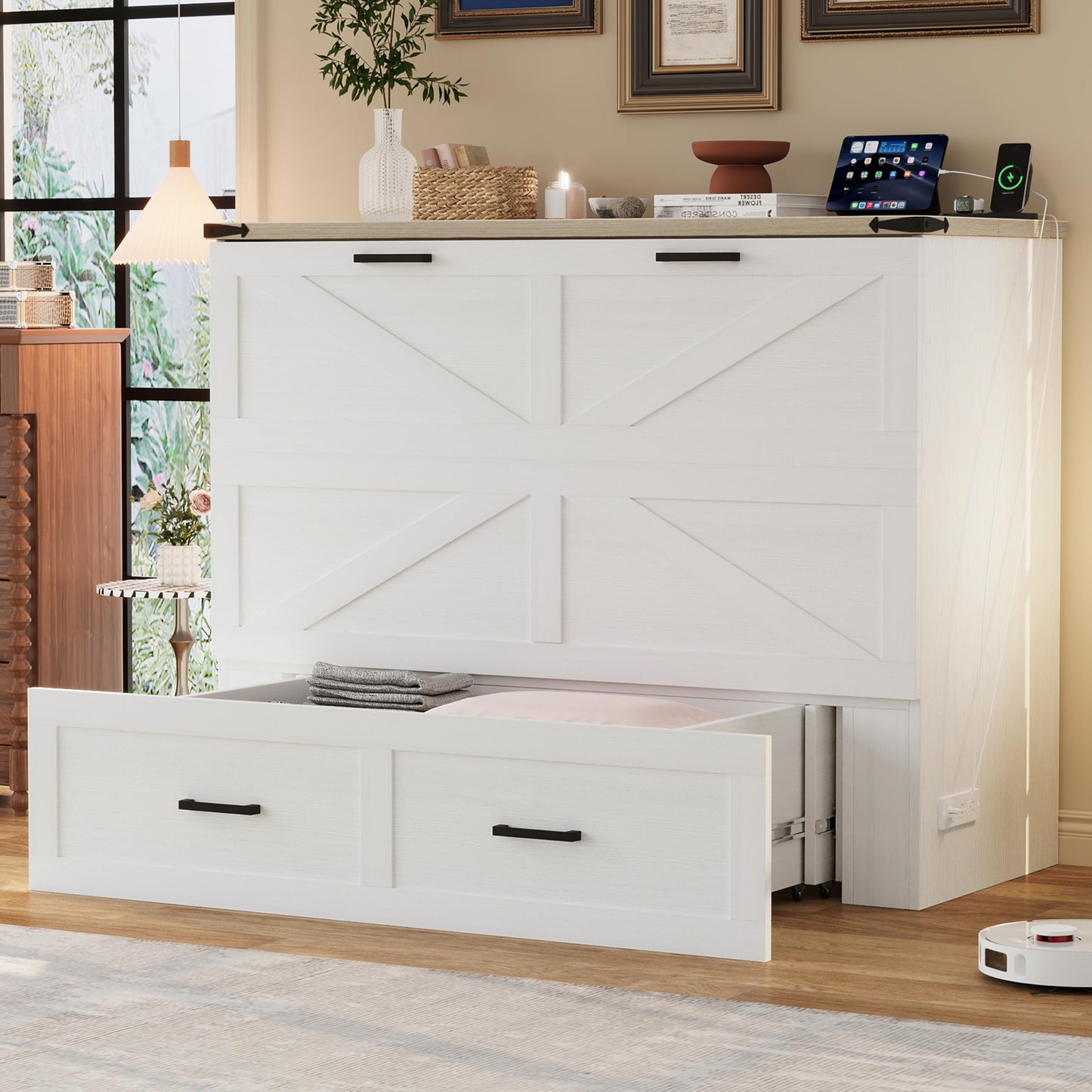 DNYN Farmhouse Murphy Cabinet Bed with Large Storage Drawer for Bedroom/Guest Room, Full-Size Foldable Wall Bed Frame with Charging Station, Space-Saving Design & No Box Spring Needed