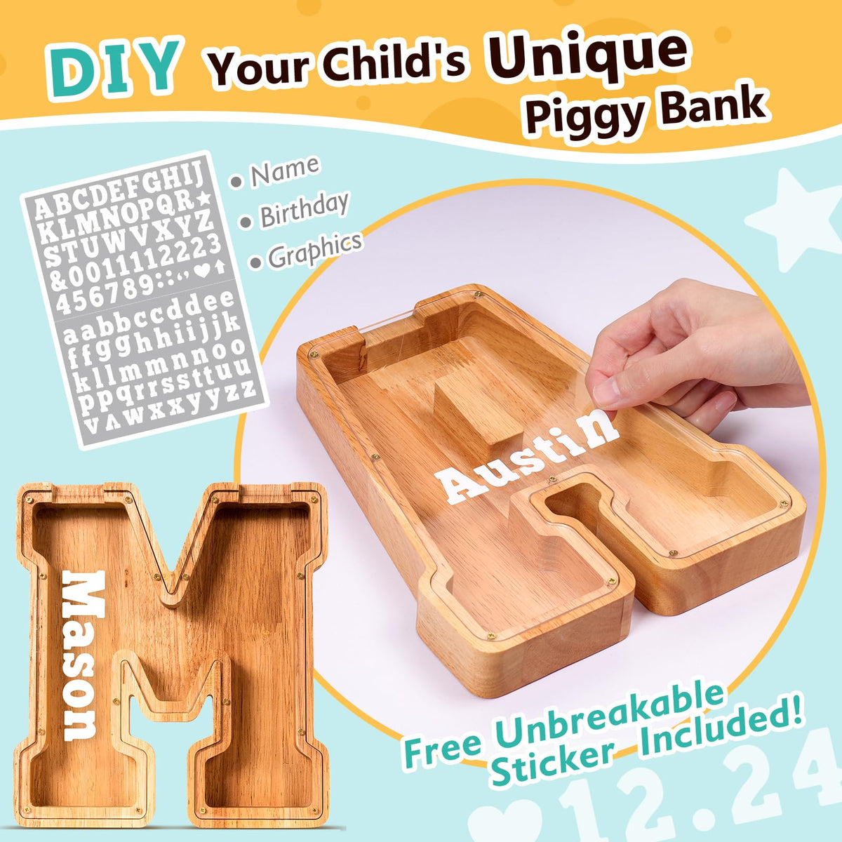 SummiDate Wooden Letter Piggy Bank for Kids| Piggy Bank for Boys Girls Toddler| Alphabet M Money Bank| Personalized Initial Wood Coin Bank Birthday for Kids (M)