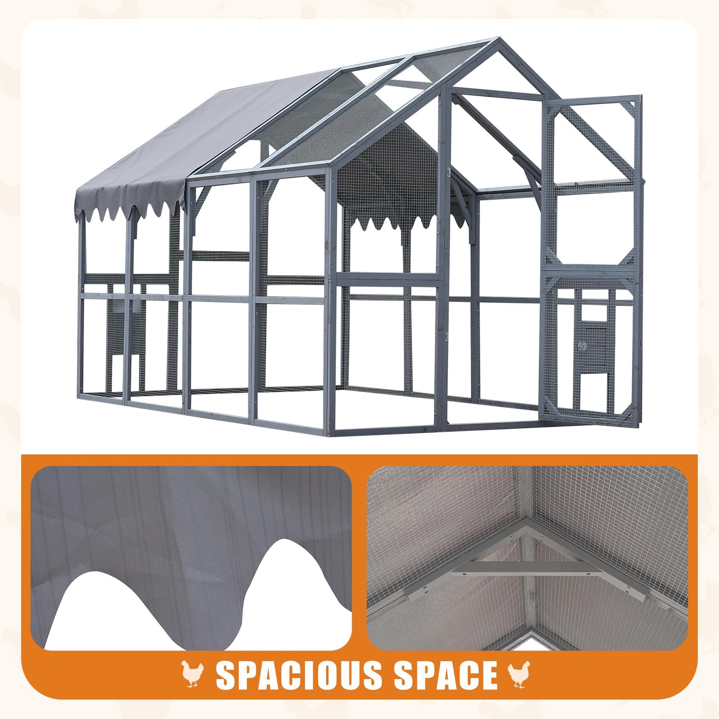 KEIKI Chicken Coop, 9.3 x 6.2 x 6 FT, Large Wooden Chicken Run with Waterproof Cover, Outdoor Walk-in Hen House, for Backyard Farm, Grey