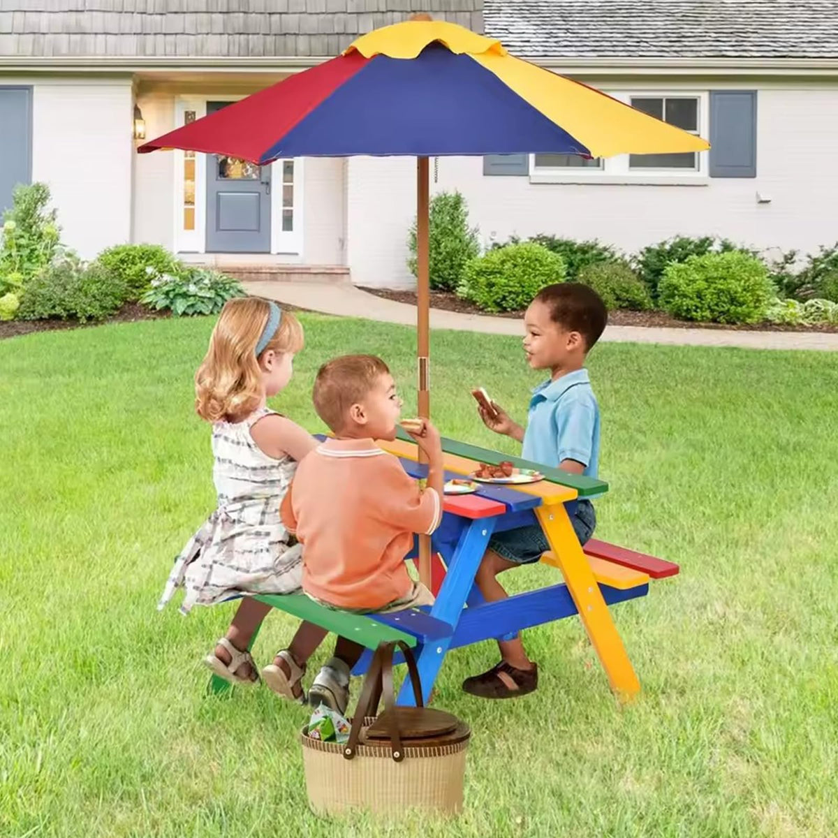 RUYICZB Kids Picnic Tables for Outdoors, Wooden Childrens Table & Bench Set with Removable Umbrella, Toddler Picnic Table Indoor Or Outdoor Activity Set for Backyard Or Patio