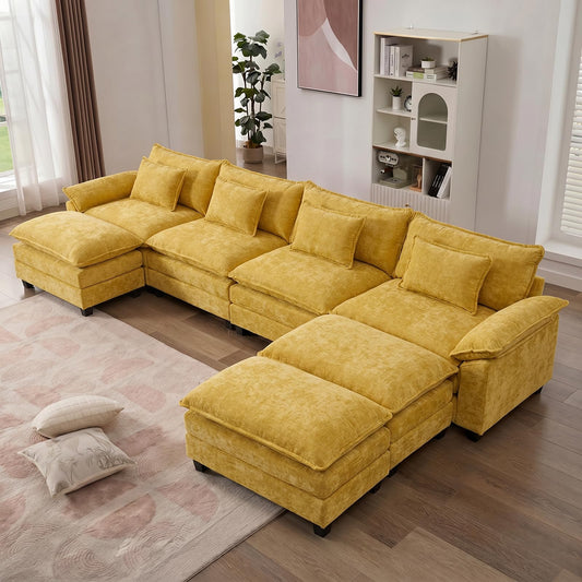 IPKIG 154" Modular Sectional Sofa, Chenille C-Shaped Sectional Couch Comfy Upholstered Seat Sofa with Ottoman, Deep Seat Cloud Couch Sofa for Living Room, Yellow