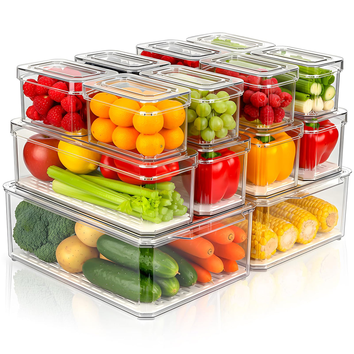 14 Pack Fridge Organizer Storage Bins Set, Clear Stackable Food Storage Containers with Lids BPA-Free for Refrigerator, Freezer, Kitchen Countertop, Organizers for Fruits, Vegetables, Drinks, Cereals