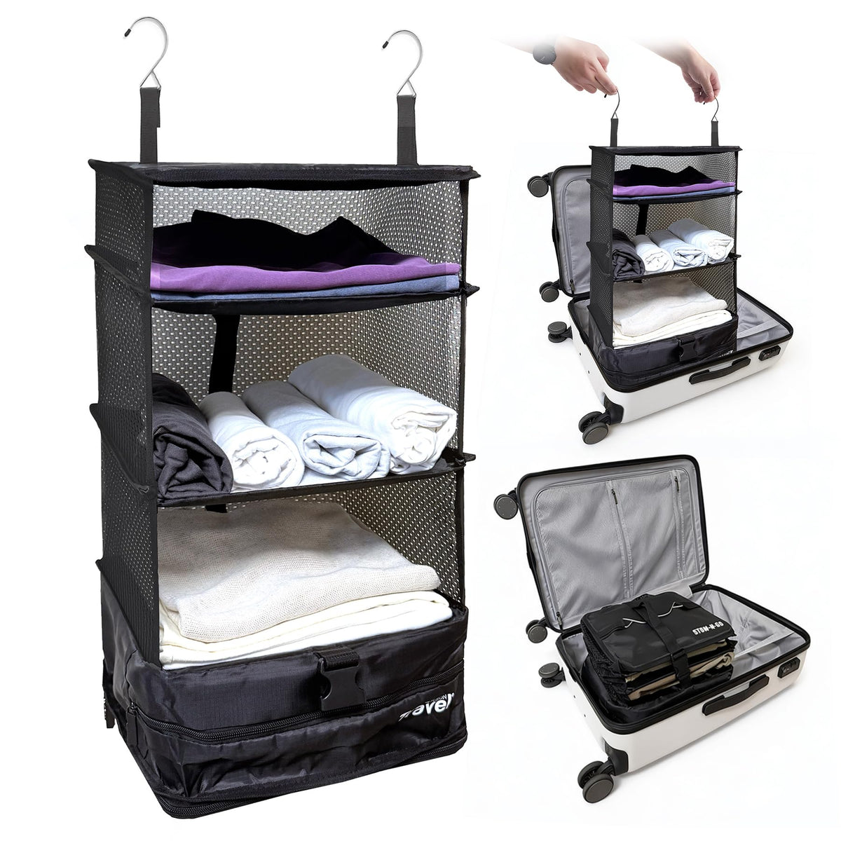 Grand Fusion Stow-N-Go Packing Organizer for Luggage, Portable Hanging Travel Shelves, Carry-On Closet, Hanging Packing Cubes, Collapsible Carry-On Organizer for Cruises & Hotels. Black - L