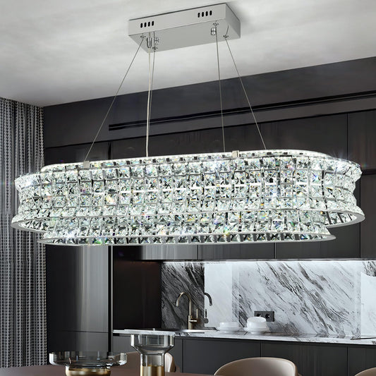 AOOCHOK Modern Crystal Chandelier for Living Room, LED Chrome Pendant Lights, Oval Crystal Hanging Lamp for Living Room, Dining Room, Restaurant, 30 x 14 inch