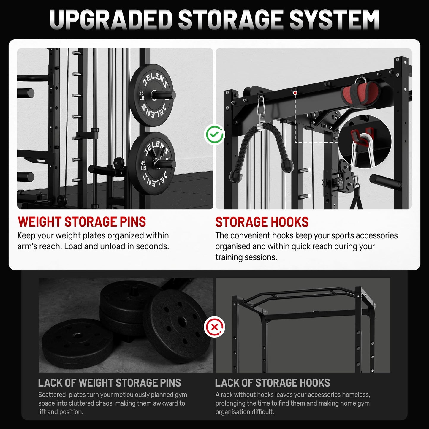 JELENS Smith Machine for Home Gym, Multi-Function M12 Power Cage, Squat Rack with Smith Bar and More Attachment (Black, 230LB Black Weights Package)