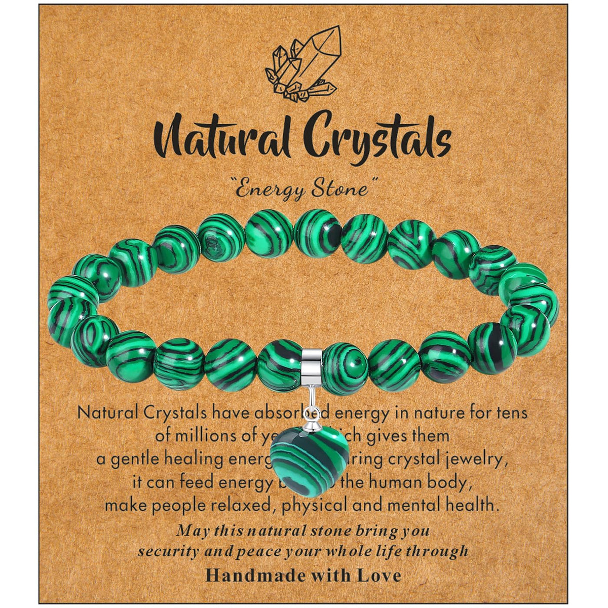 MAIBAOTA Malachite Bracelet for Women, 8 mm Beaded Bracelet, Mothers Day Crystal Gifts for Mom, Crystal Gemstone Love Heart Bracelet Jewelry Gifts for Birthday Valentine's Day Anniversary