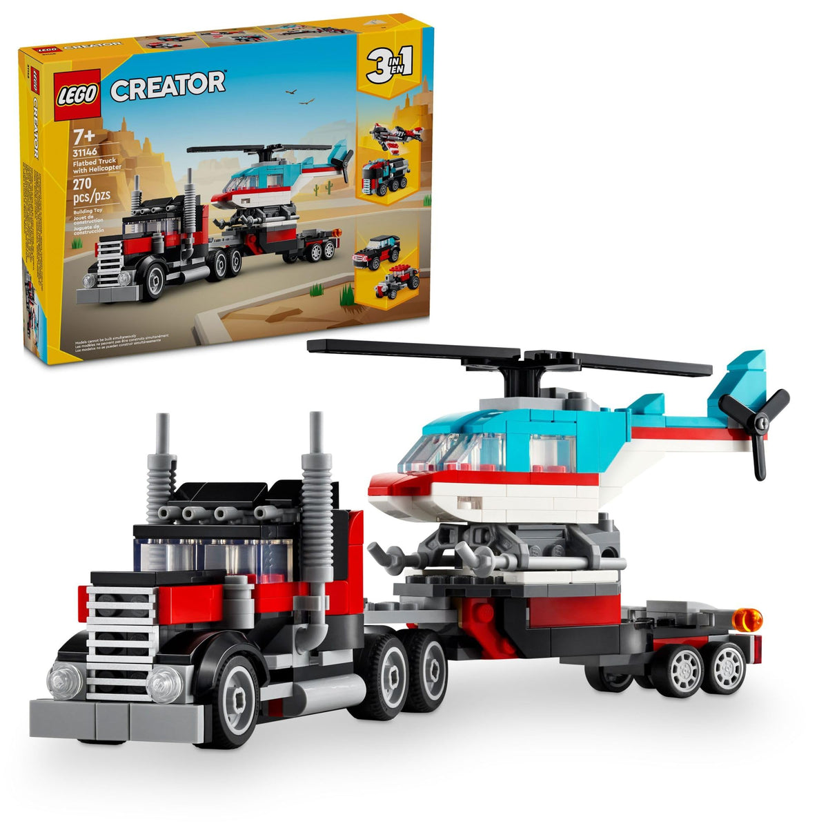 LEGO Creator 3 in 1 Flatbed Truck with Helicopter Toy, Transforms from Flatbed Truck Toy to Propeller Plane to Hot Rod and SUV Cars, Gift Idea for Boys and Girls Ages 7 Years Old and Up, 31146