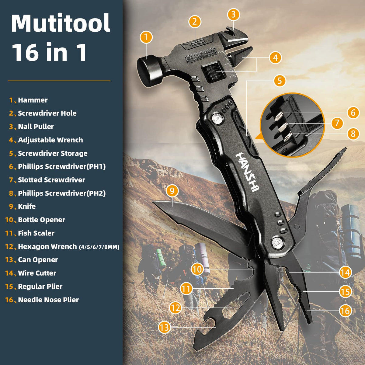 HANSHI Adjustable Wrench Multitool Hammer for Survival,16 in 1 Multitools Pliers with Nylon Sheath,Pocket Knife Multi Screwdriver Tool All in One Camping Accessories for Stocking Stuffers for Men