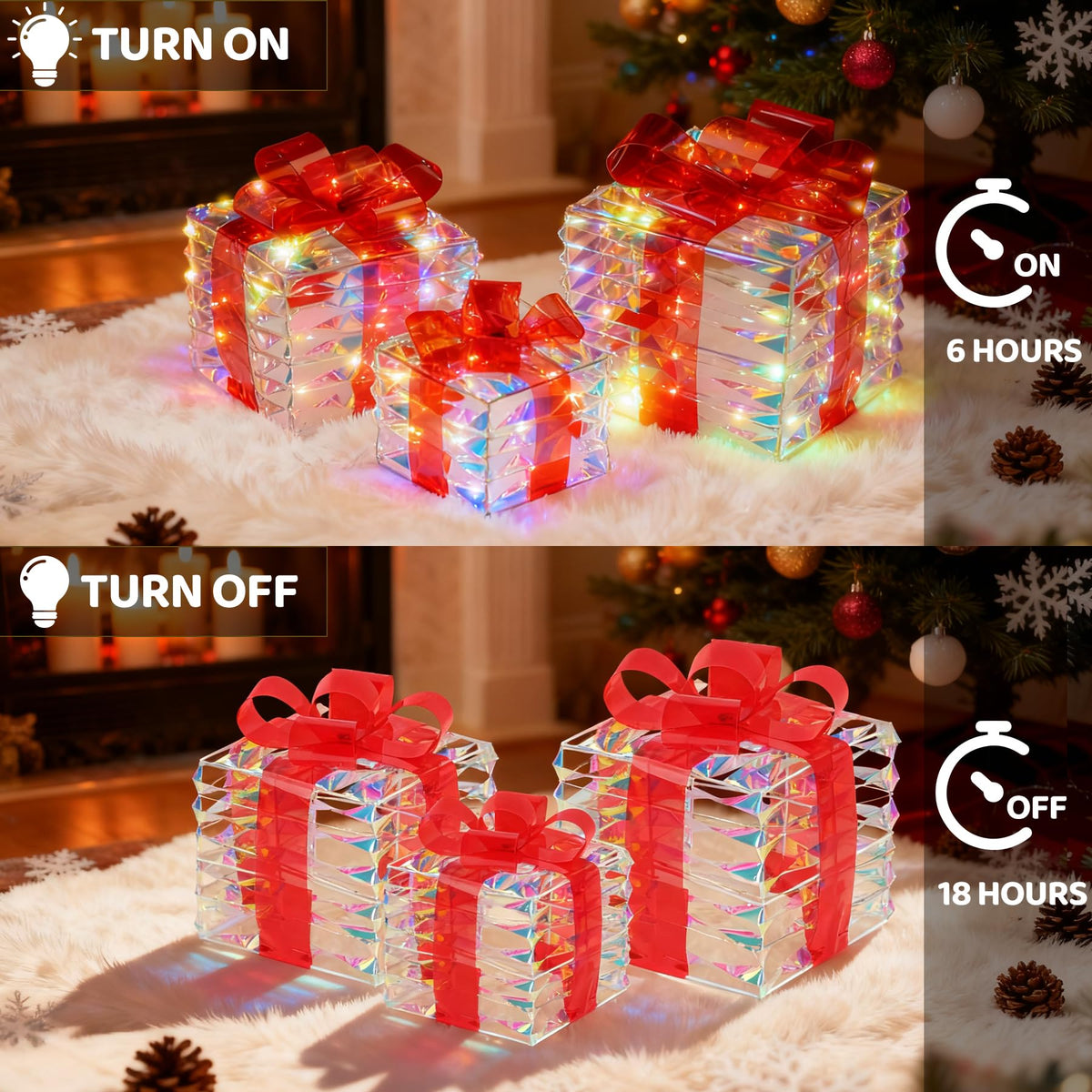 LAWOHO Christmas Lighted Gift Boxes Set of 3 Iridescent Present Boxes with Bow-Knot Battery &USB Powered Light up Box Decorations for Christmas Home Indoor Outdoor Holiday Decoration