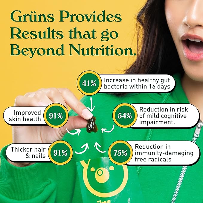Gruns Adults Super Greens Gummies, Multivitamin Superfood Gummy Bears with Spirulina, Chlorella, Prebiotics & Fiber for Digestive Health, Adaptogens Supplement with 20 Vitamins & Minerals, 28 Count