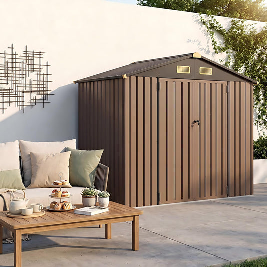 IRONCK 6×8 FT Shed, Galvanized Steel Tool Storage Shed with Lockable Double Doors & Ventilation, Outdoor Utility Storage for Wheelbarrow, Bikes, Yard Bins, Black Brown