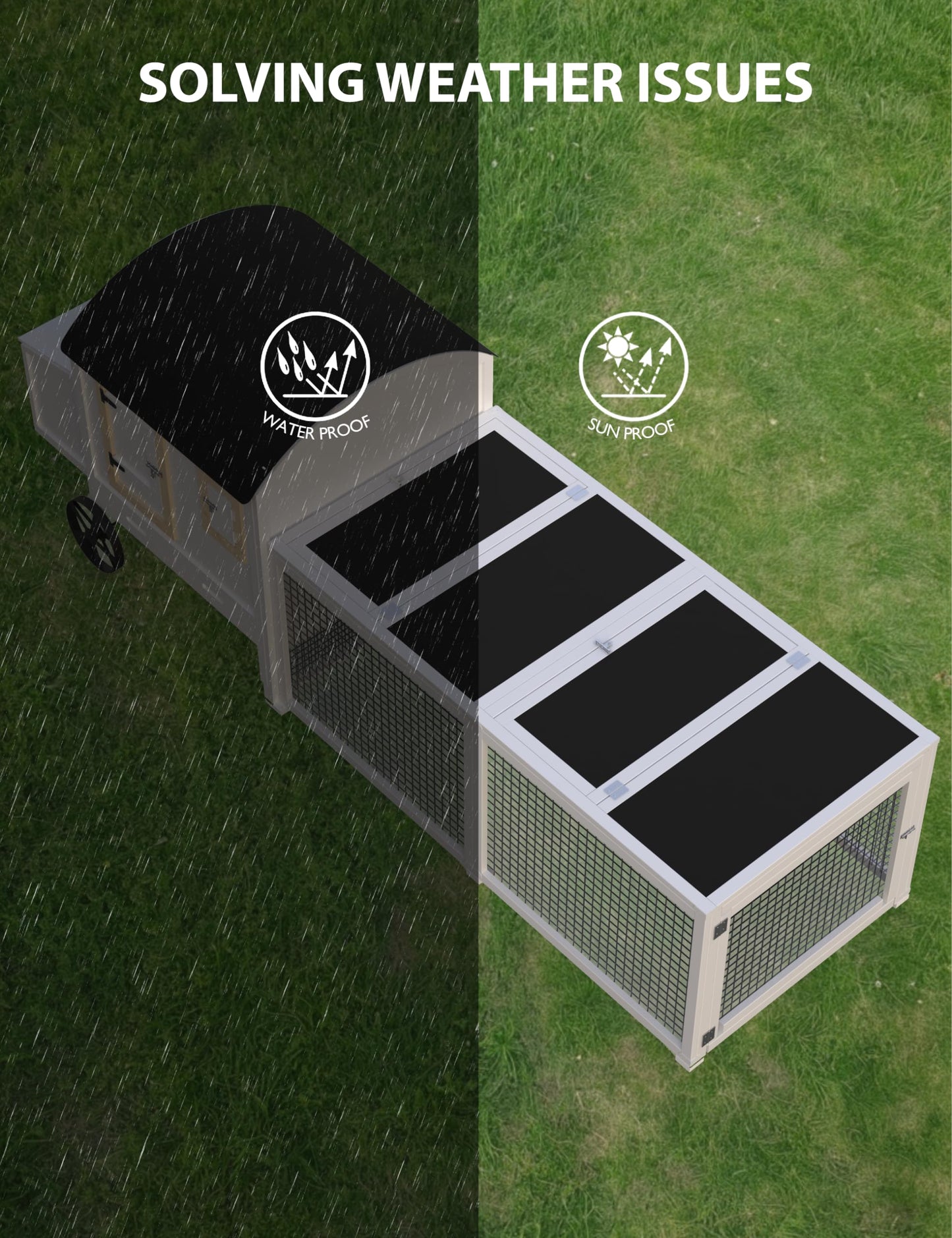 KYBOLT Rabbit Cage, Indoor and Outdoor Rabbit Hutch Chicken Coop, Small Animal Pen and Hutch Enclosure with Anti-UV Waterproof Roof, No Leak Pull Out Tray, Run and Ramp, 106in, White
