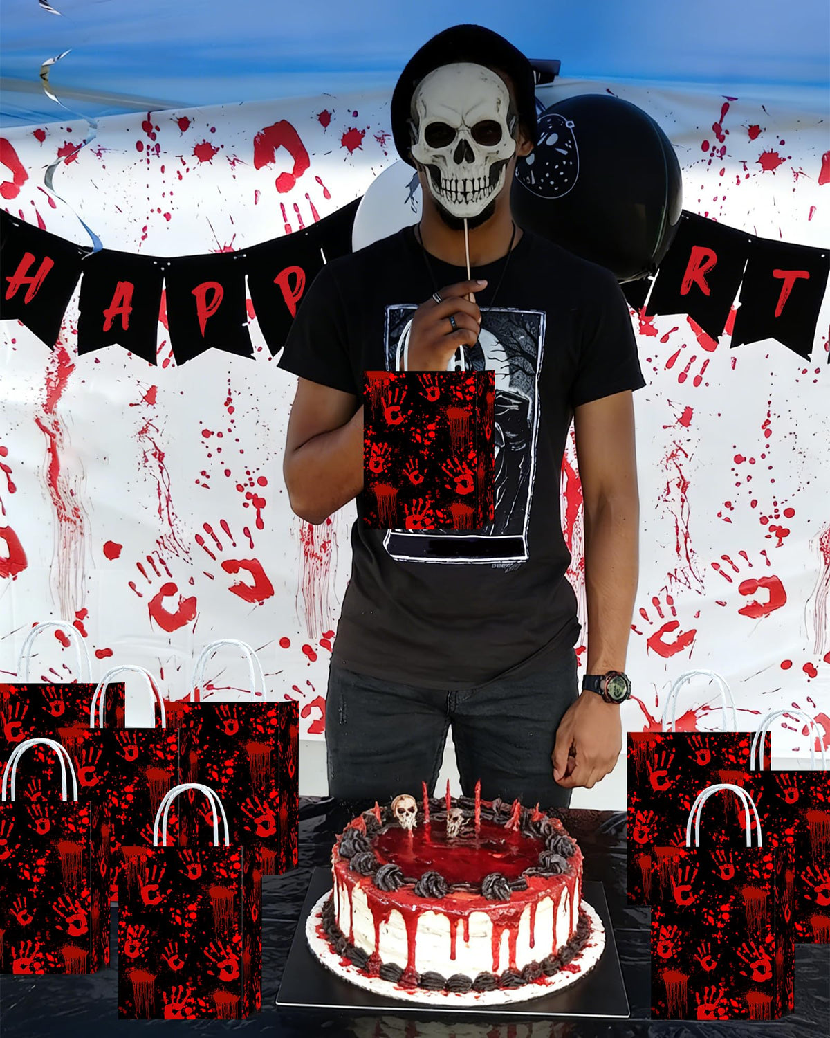 Roselush 16Pcs Bloody Goodie Gift Bags - Horror Bloody Handprint Party Favor Treat Bags for Bloody Birthday, Scary Movie Birthday Decorations, Serial Killer Halloween, Slasher Party Decorations