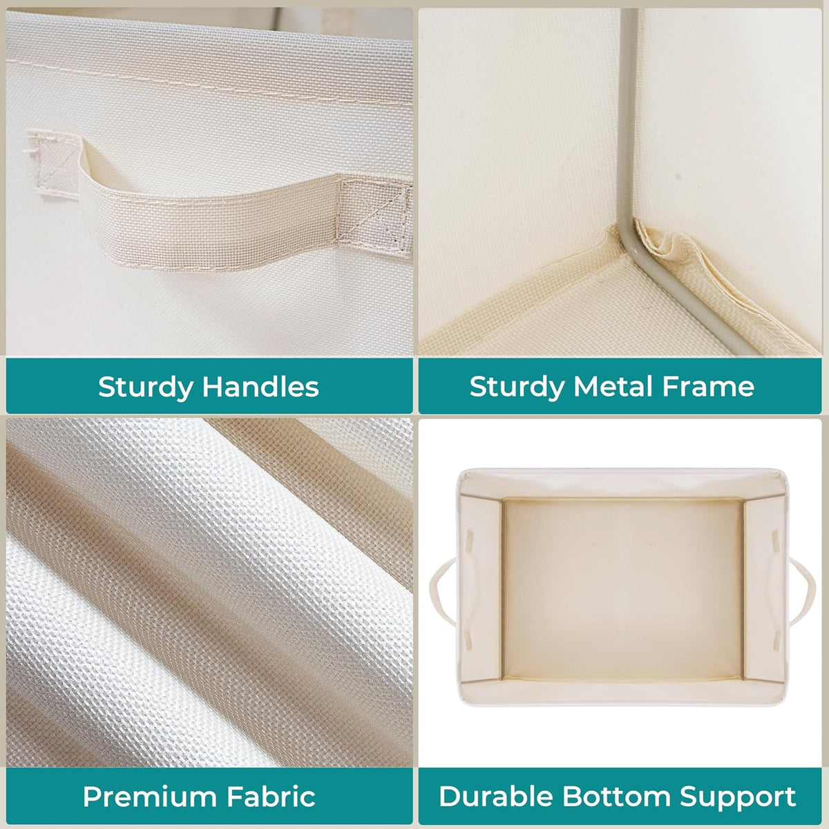 Storage Basket Bins - Large Collapsible Fabric Organizers with Metal Frame | 3-Pack Beige for Home & Office