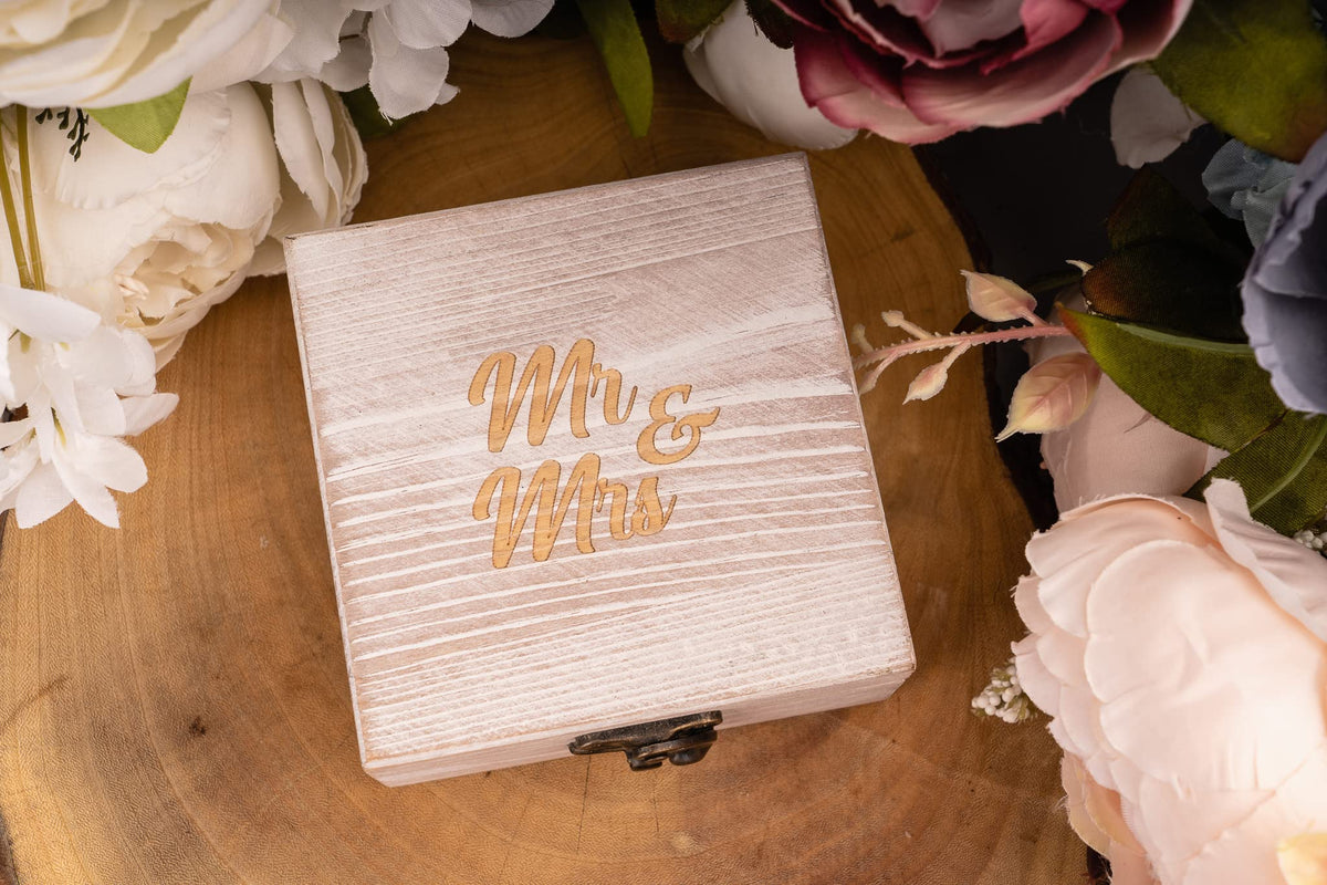 Strova Wooden Ring Box for Wedding Rings and Couple Jewelry - Engraved Mr. & Mrs. Lettering - Ring Bearer Box for Display or Personal Organizer - Brass Latch and Soft, Protective Ring Cushions