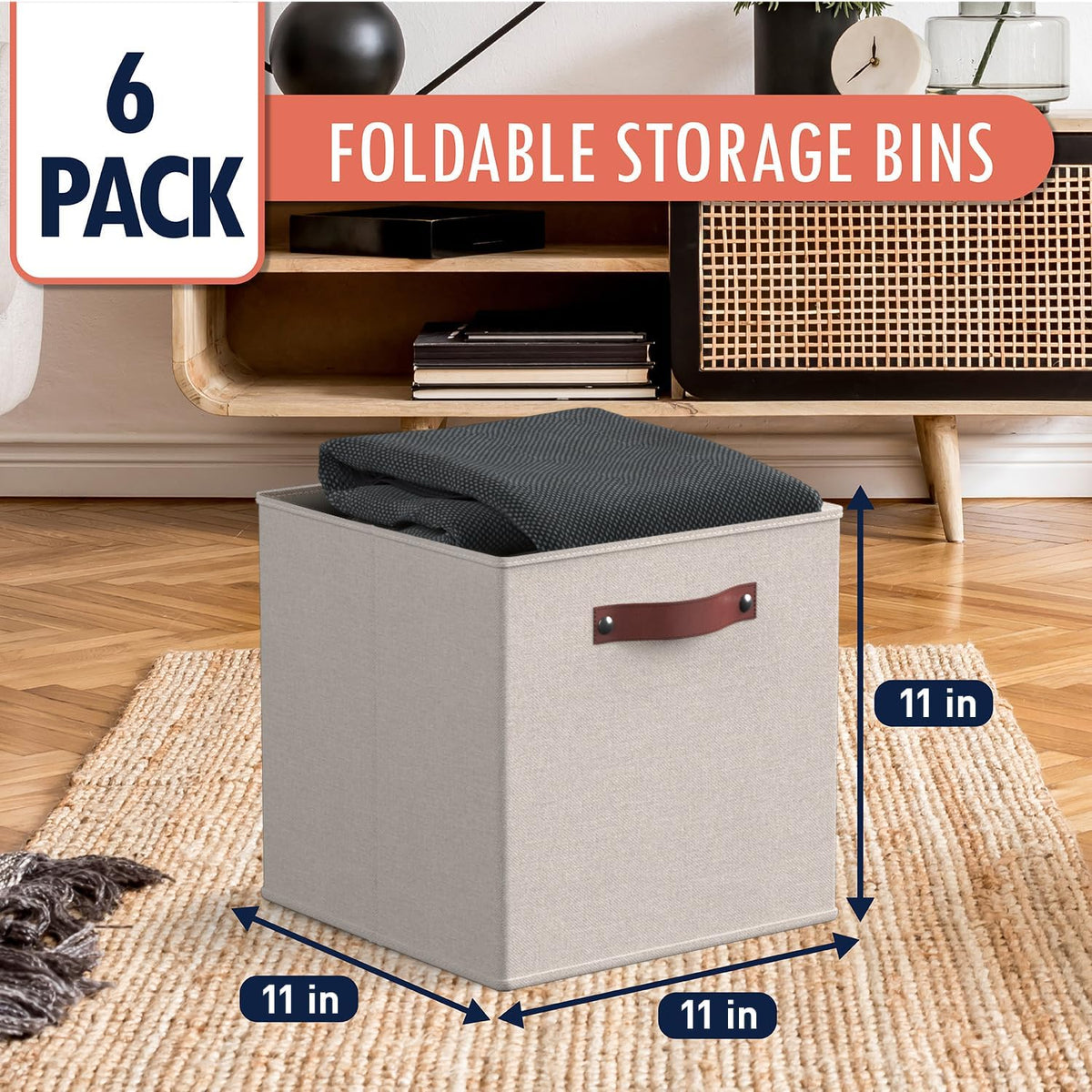 Ornavo Home Storage Cube Bins - Foldable Fabric Organizers with Leather Handles | 11x11 Inches, Beige, 6 Pack