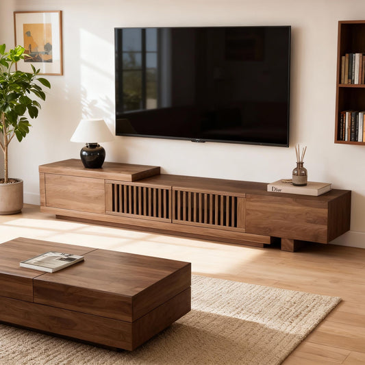 gaoyangjiaju 78.5"-105" Mid-Century Modern Extendable TV Stand, Walnut Media Console with 2 Drawers and 2 Cabinets, Fits TVs up to 100 Inches for Living Room or Bedroom