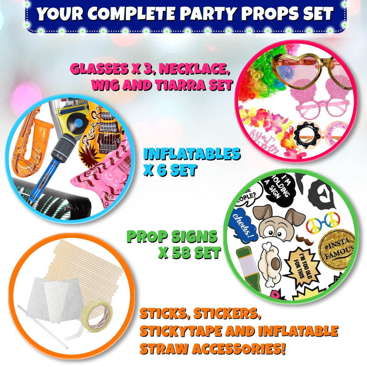 SOUL SHIFT 70 Pc Large Premium Photo Booth Props Set for All Occasions - Wedding Props, Birthday Props, Graduation Prop, Inflatables, Large Glasses, Multi-Colored Wig, Hawaiian Lei, Hand Pump