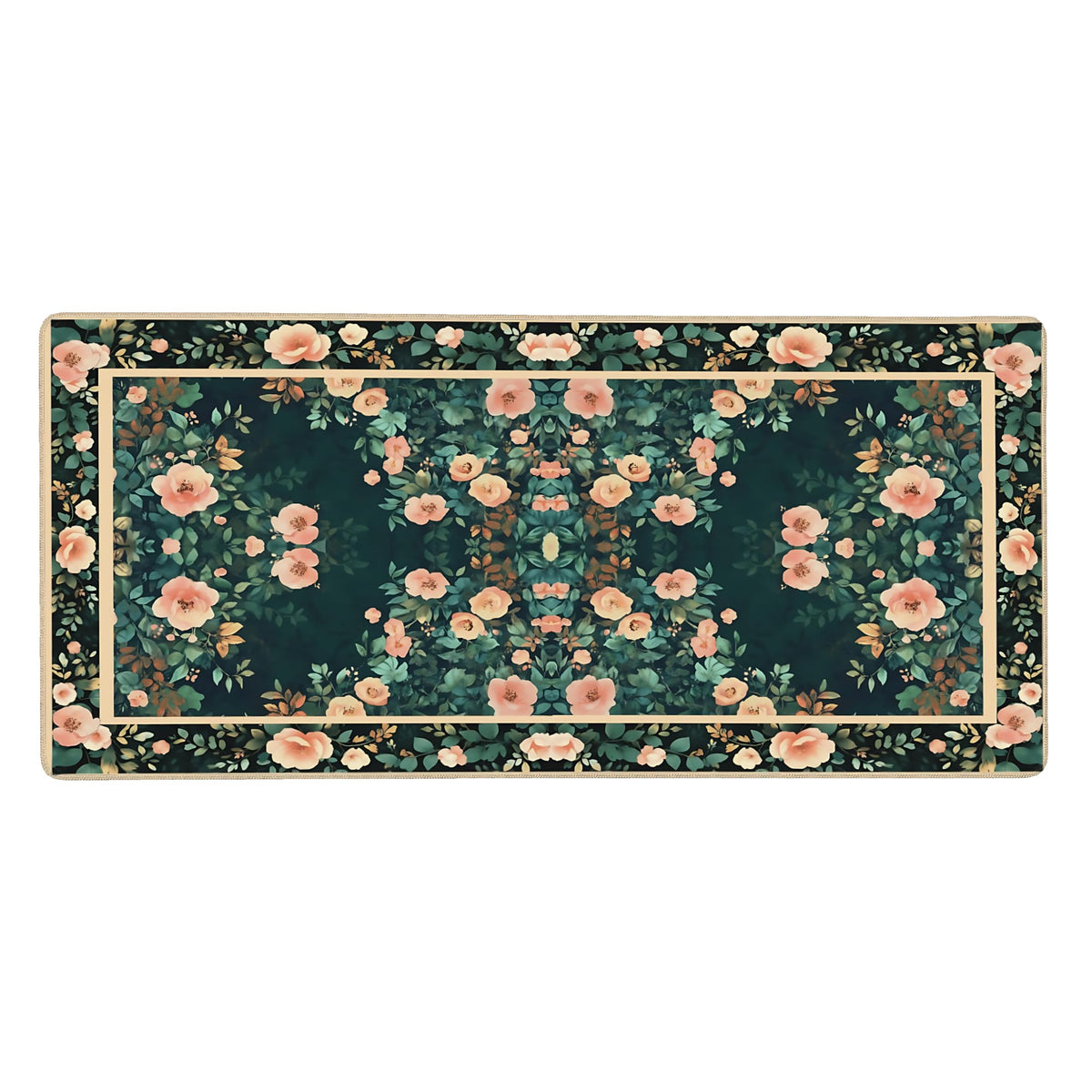 Floral Aesthetic Rose Gaming Mouse Pad, Forest Green Rug Desk Mat with Anti-Slip Base & Stitched Edges,35.4" x 15.7" in Table Mat for Computer Desktop, Beautiful Workstation Decor