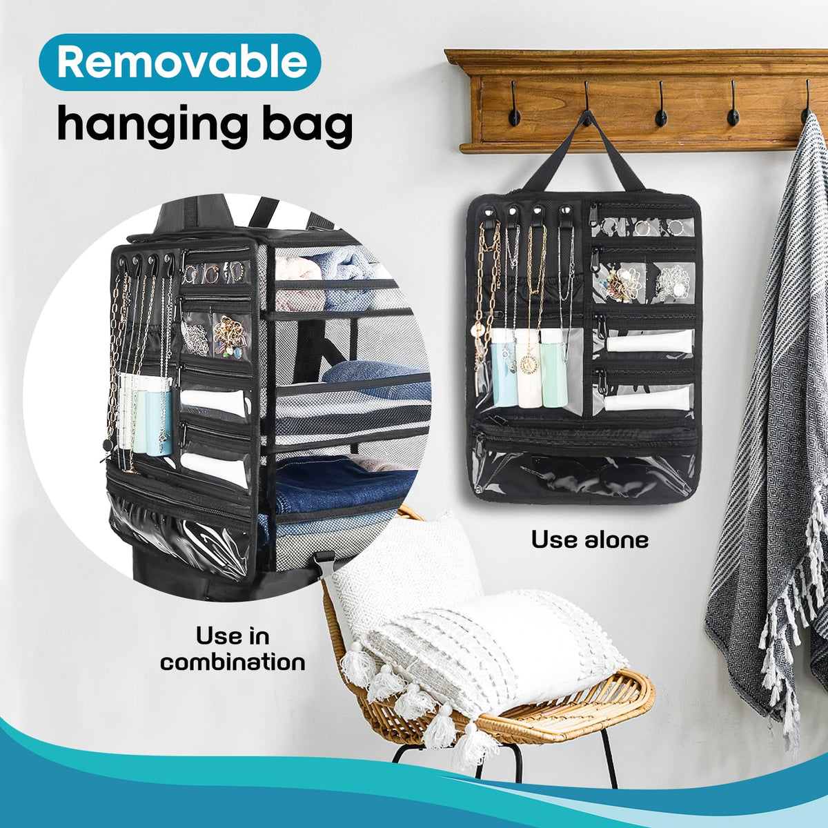 Wisreach Hanging Suitcase Organizer & Travel Shelves, Packing Cubes for Travel, Suitcase Organizer for Carry-on Luggage, Easy Packing & Wrinkle-Free Clothes, Black (Fits Most Travel Bags)