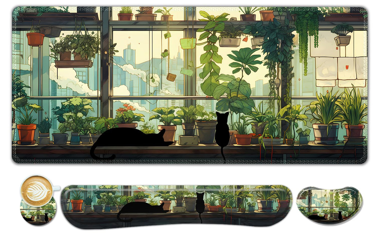 ToLuLu Extended Gaming Mouse Pad, Memory Foam Ergonomic Keyboard Mouse Wrist Rest Support Set, Large Desk Mat with Stitched Edges, Non-Slip Base Mousepad Home Office, Cute Green Japanese Kawaii Cat