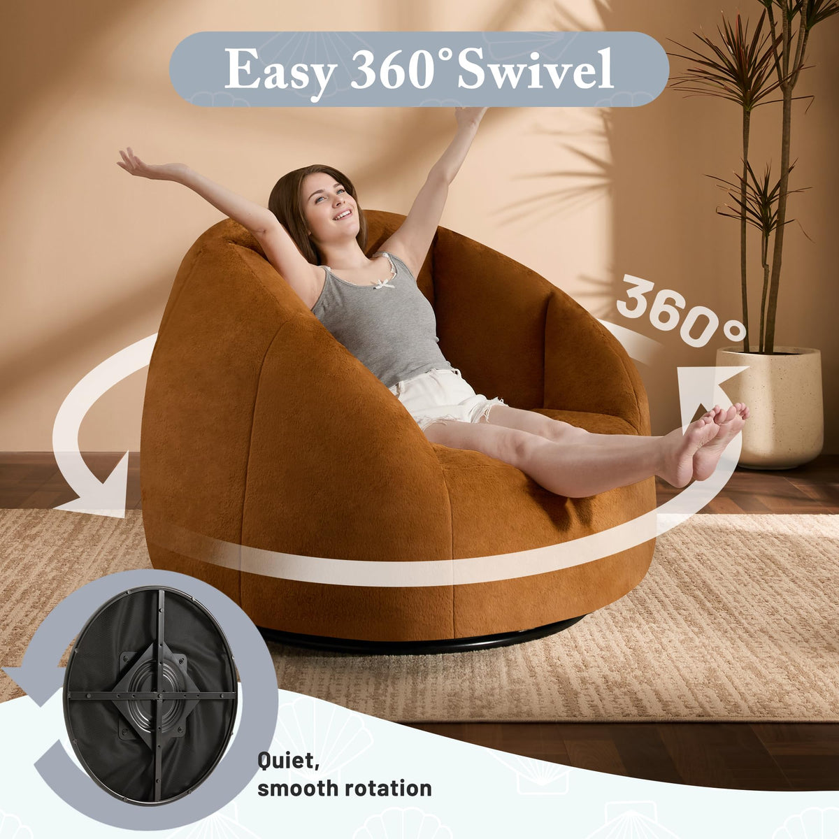 Gericco Giant Bean Bag Swivel Chair for Adults with Ottoman - Comfy Plush Round Shell Soft Accent Chaise Lounge Indoor Chair, Oversized Cozy Floor Sofa for Living Room Game Rooms, Orange
