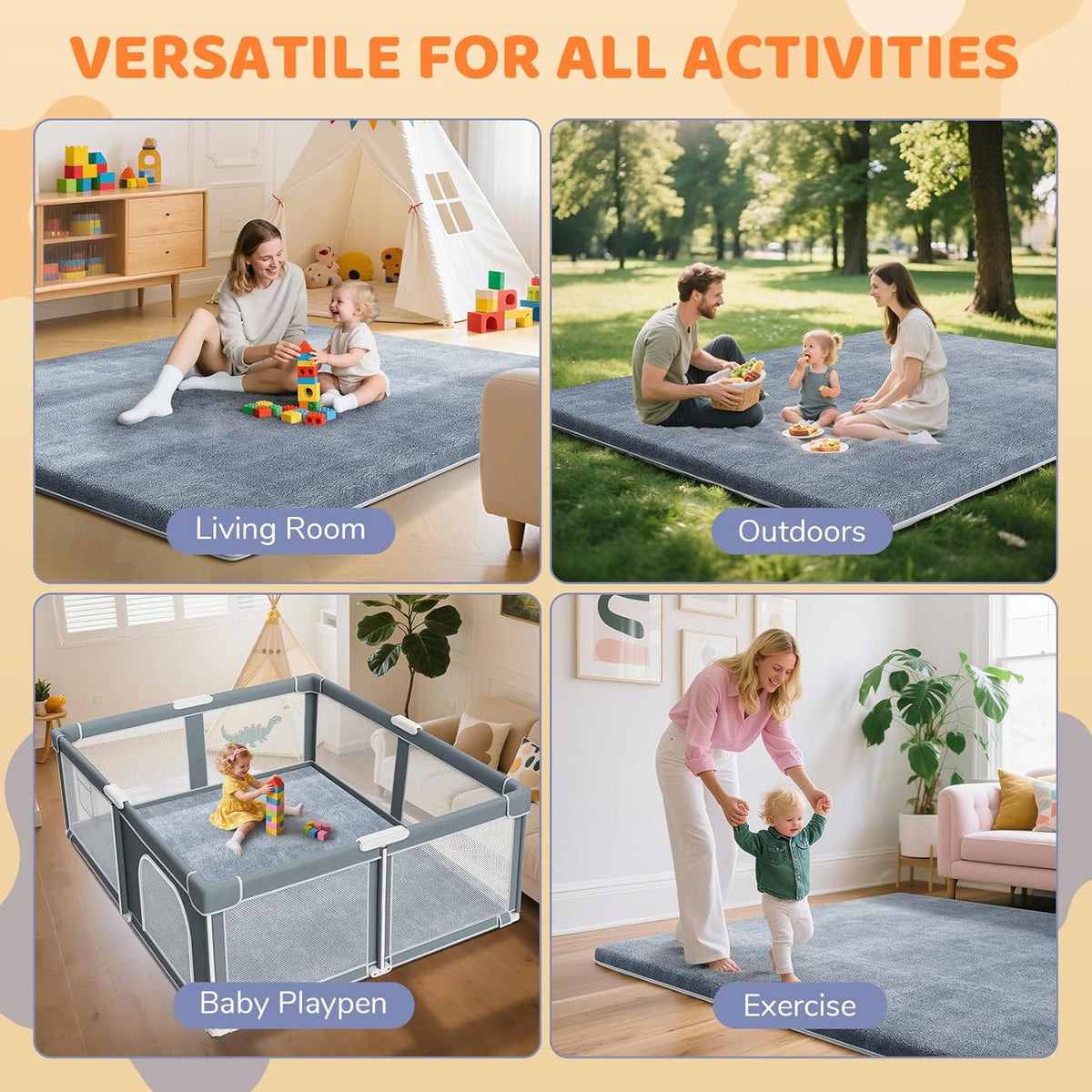 Omzer Baby Play Mat - 1.3" Thick Foam Tummy Time Mat | 65x50 Inch Non-Slip Crawling Pad - Grey Coral Velvet