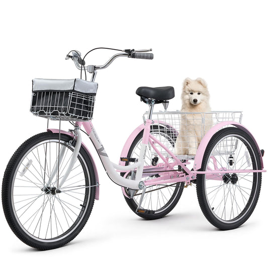 VIRIBUS Adult Tricycles for Women, Single Speed Tricycle for Adults with Front & Rear Detachable Wheeled Baskets, 3 Wheel Bikes for Adults Seniors 1 Speed, 400 lb. Capacity Three Wheeler, 26 in. Pink