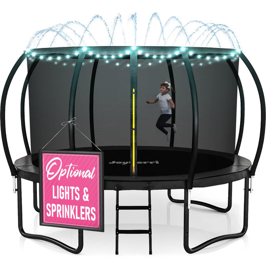 JoyBerri Trampoline Outdoor - Upsurge ASTM Certified Safe 8Ft 10Ft 12Ft 14Ft 15Ft 16Ft Recreational Trampoline for Kids and Adults. Anti-Rust Coating with Enclosure Net, Ladder, Sprinkler & LED Lights