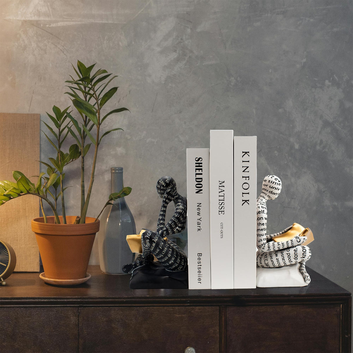 Heavy Duty Book Ends for Shelves, Thinker Decorative Bookends for Heavy Books, Unique Book Stoppers to Hold Book, Bookshelf Accessories, Modern Home Office Decor Aesthetic Black & White