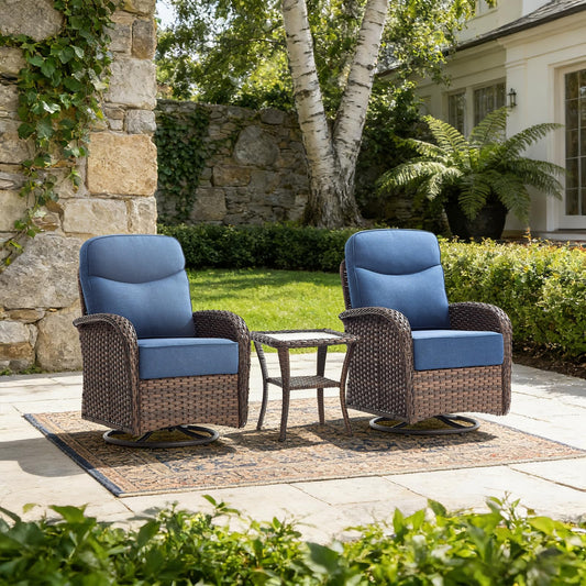 Luxury Outdoor Swivel Rocker Patio Chairs with 6-Inch Thick Cushions, High Back Swivel Glider Patio Chairs, 3PCS Wicker Outdoor Furniture Set for Porch, Patio, Yard, Deck, Poolside, Brown/Blue