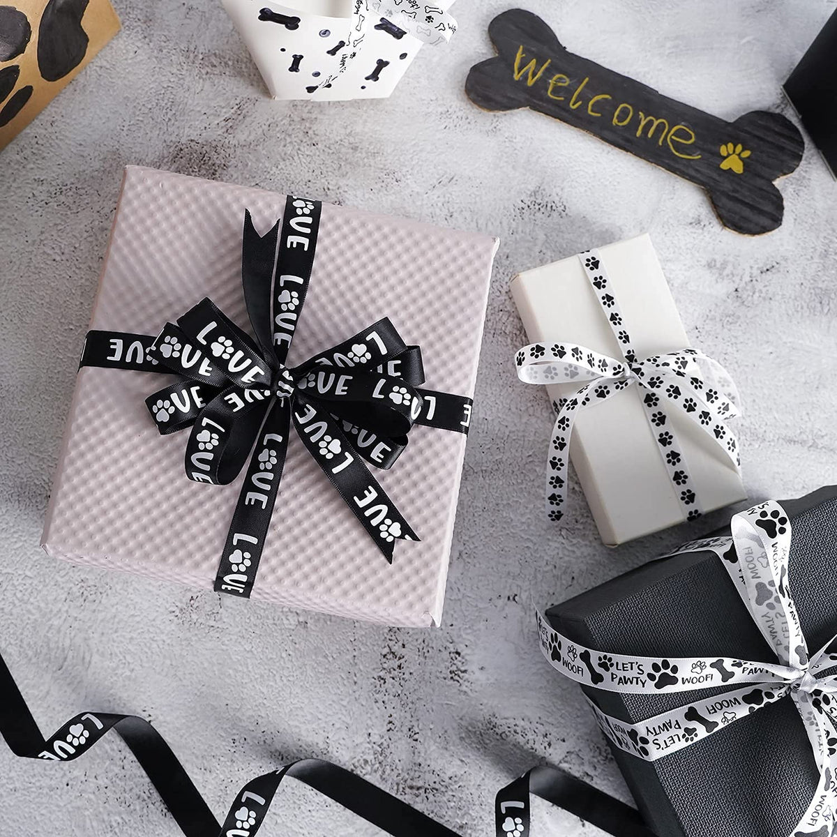 HUIHUANG Paw Print Bone Satin Ribbon Assortment - Black and White, 3/8" & " 5/8" Inch, 10 Rolls 50 Yards - Assorted Ribbon for Crafts, Dog Party Supplies, Gift Wrapping & Decoration