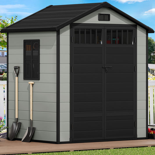 DWVO 6x4.4 FT Resin Storage Shed with Fence-Style and Side Windows, Lockable Door, and Vents Outdoor Storage Shed for Garden, Backyard, Patio, Lawn