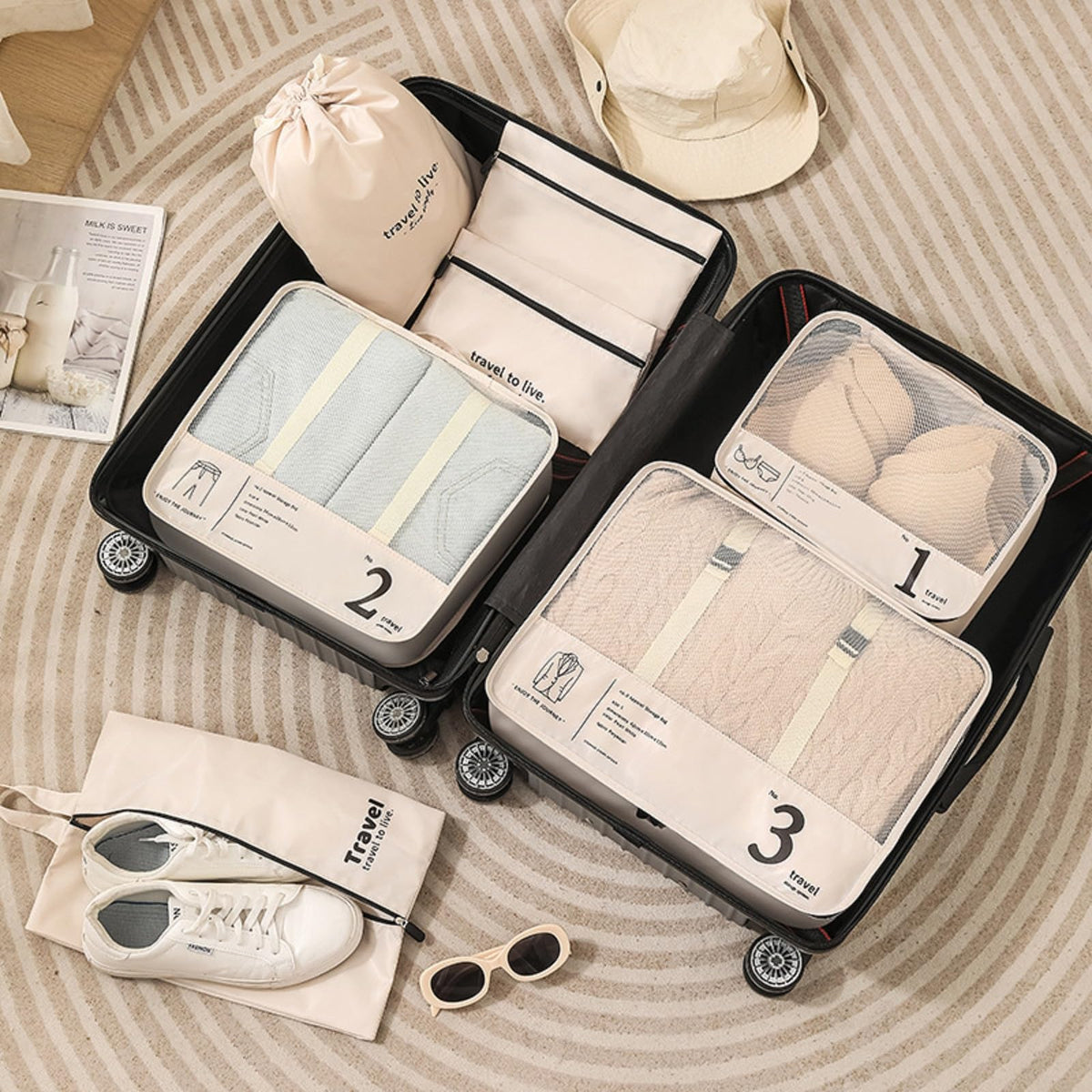 Packing Cubes for Suitcases, 7 Set Packing Cubes for Travel Women, Travel Luggage Packing Organizers, Travel Essentials Luggage Organizer Bags, for Suitcases Durable Travel Essentials Bags Set (beige)