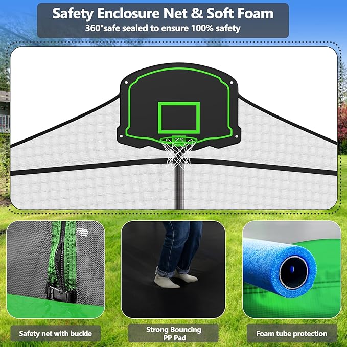 Upgraded 10/12/14/15/16FT Trampoline Outdoor, Large Kids Trampoline with Light, Stakes, Sprinkler, Backyard Trampoline with Basketball Hoop and Net, Capacity for 4-6 Kids and Adults