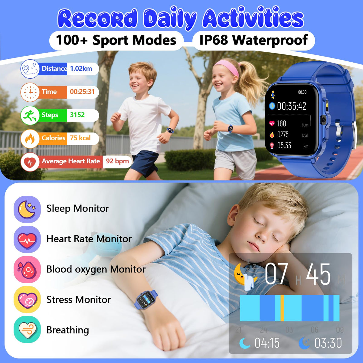 Kids Watch, 1.85" Fitness Tracker Pedometer, Heart Rate, Sleep Monitor, NO APP/Phone, Alarm Clock, Smartwatches with Video Music, IP68 Waterproof, Puzzle Games, Gift for Boy Girl, Smart Watch for Kid
