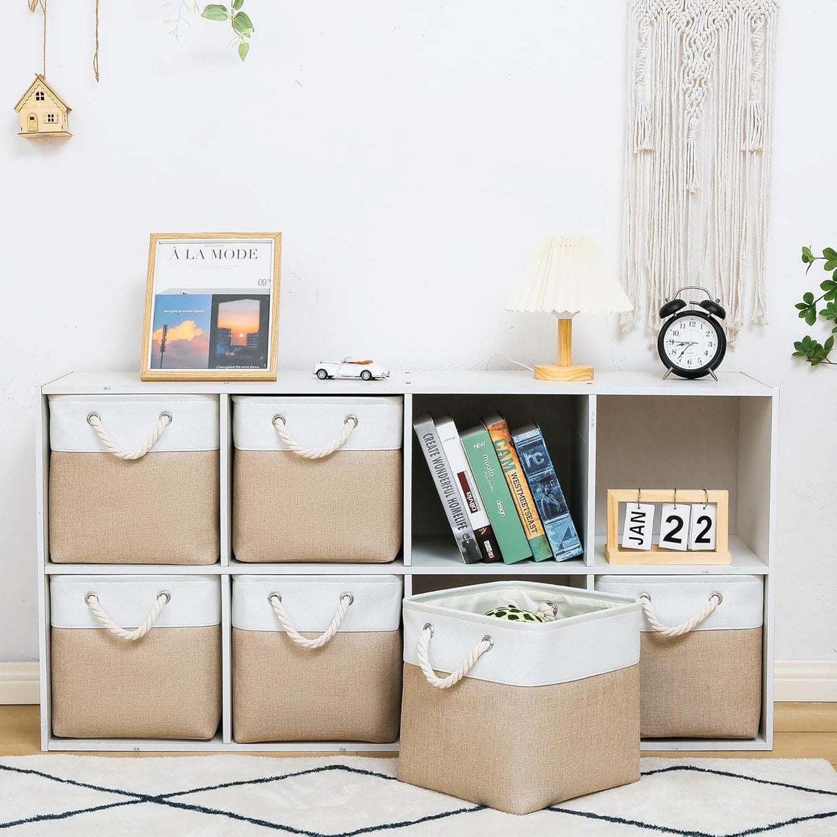 Skiennix 11 x 11 Inch Storage Cubes - 6 Pack Large Collapsible Fabric Bins for Home & Office | White & Beige