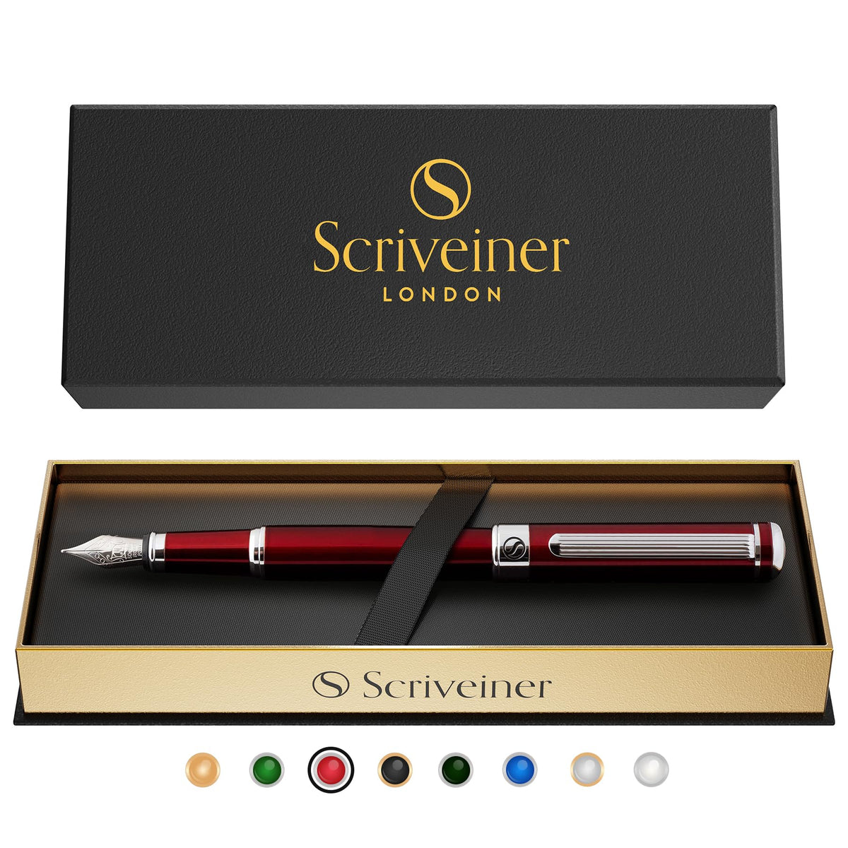 Scriveiner Deep Crimson Red Fountain Pen - Stunning Luxury Pen with Chrome Finish, Schmidt Nib (Medium), Best Pen Gift Set for Men & Women, Professional, Executive, Office, Nice Pens