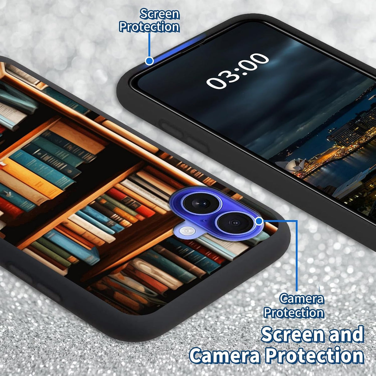 BFSEROBJ 17 2025 17 6.3 inch for iPhone Case with Bookshelf Pattern Design Ultra-Thin Black Soft TPU Silicone Shock