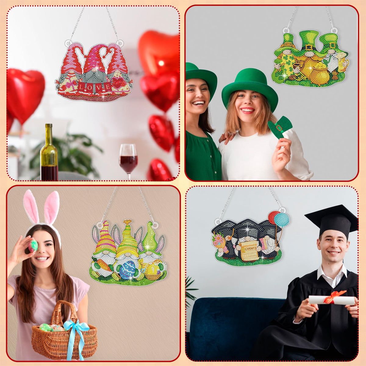 Chunful 20 Pcs Seasonal Diamond Art Wreath Kits Holidays Spring Summer 5d DIY Diamond Art Painting Hanging Sign 4th of July Ornament for Adult Office Holiday Wall Home Decoration(Gnome)