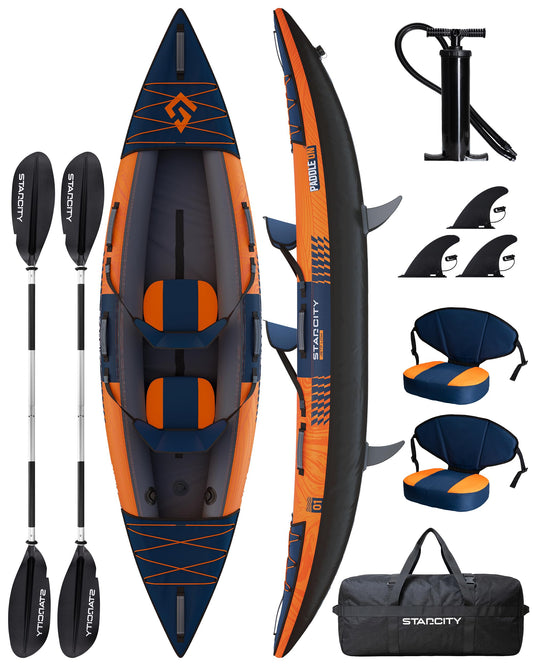 Kayak Inflatable Sit on Top Tandem Wide Stable Touring Fishing Performance 600 pound Capacity 12"2"*36"*13" for Lake Coastal Exploration Family Kayak Beginners Angler Kayak Adjustable Seat Footrest
