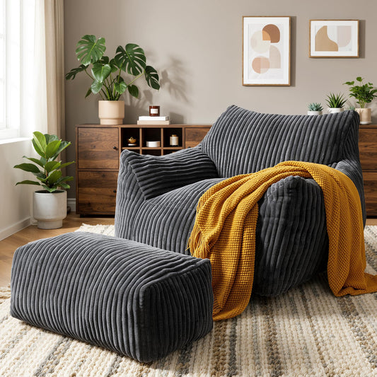Vellorise Giant Bean Bag Chair, Oversized Bean Bag Couch for Adults, Fluffy Corduroy BeanBag with Armrests & Ottoman for Living Room, Bedroom, Vacuum-Compressed for Gifting, 48h to Expand Dark Gray